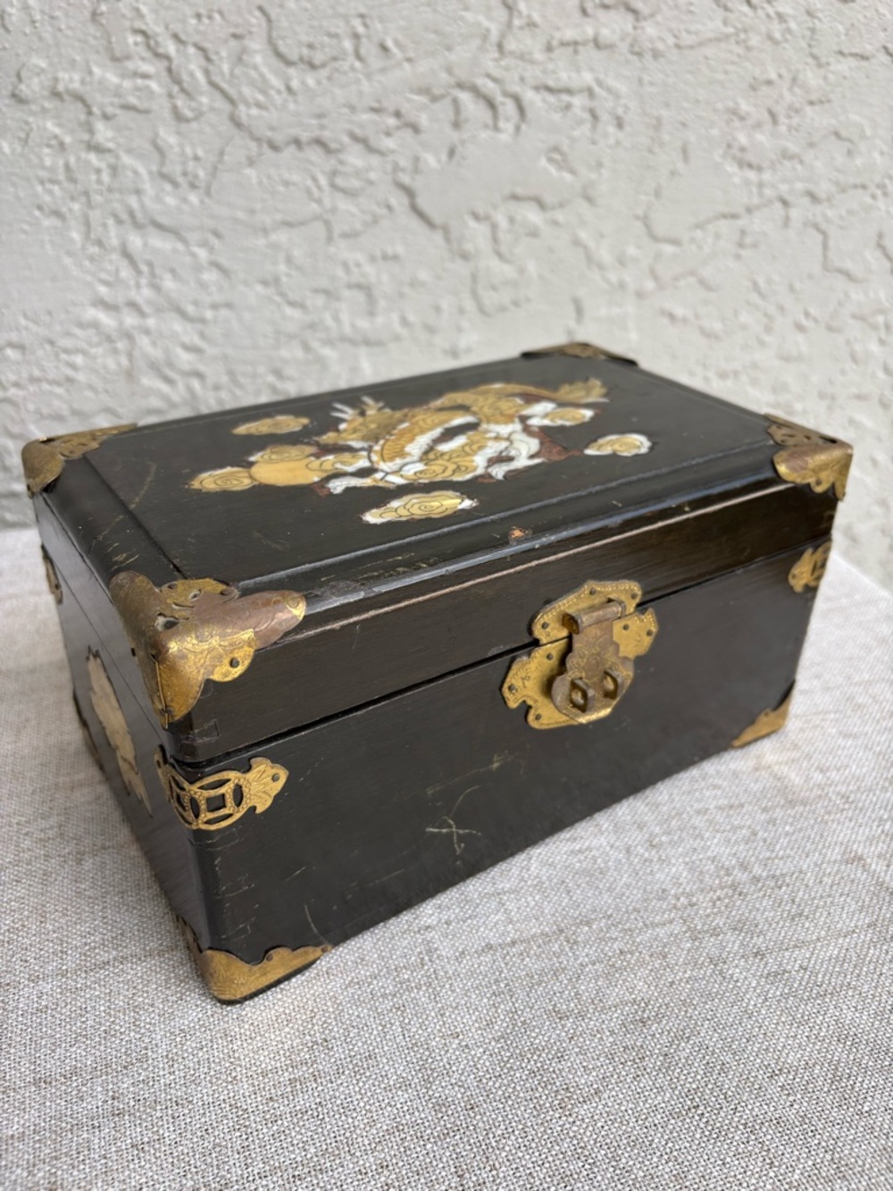 Vintage Asian Lacquer Jewelry Box Dragon Motif Brass Hardware Black Gold